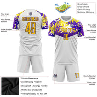 Custom Soccer Jersey, White Gold Purple Sportswear Jersey Shirt, Athletic Mesh Moisture Wicking Jersey, Casual Gift for Men