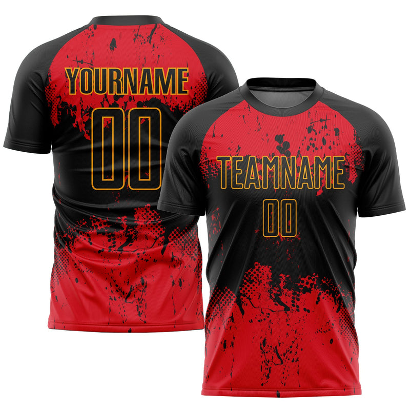 Custom Soccer Jersey, Black Red Gold Sportswear Jersey Shirt, Athletic Mesh Moisture Wicking Jersey, Casual Gift for Men, Style Soccer0124