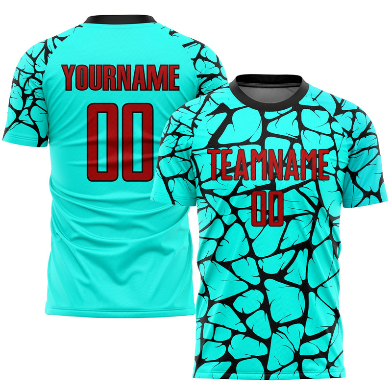 Custom Soccer Jersey, Aqua Red Black Sportswear Jersey Shirt, Athletic Mesh Moisture Wicking Jersey, Casual Gift for Men