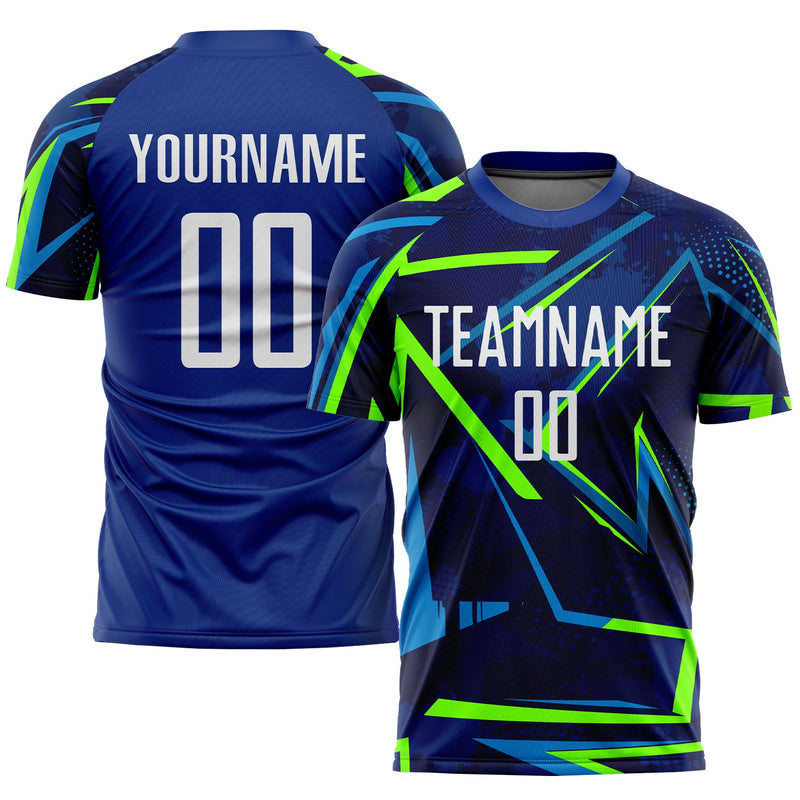 Custom Soccer Jersey, Royal White Neon Green Sportswear Jersey Shirt, Athletic Mesh Moisture Wicking Jersey, Casual Gift for Men