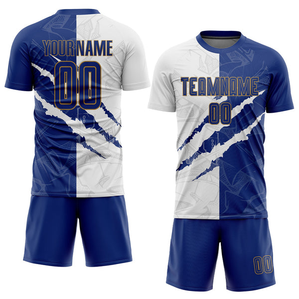 Custom Graffiti Pattern Royal White-Old Gold Scratch Sublimation Soccer Uniform Jersey