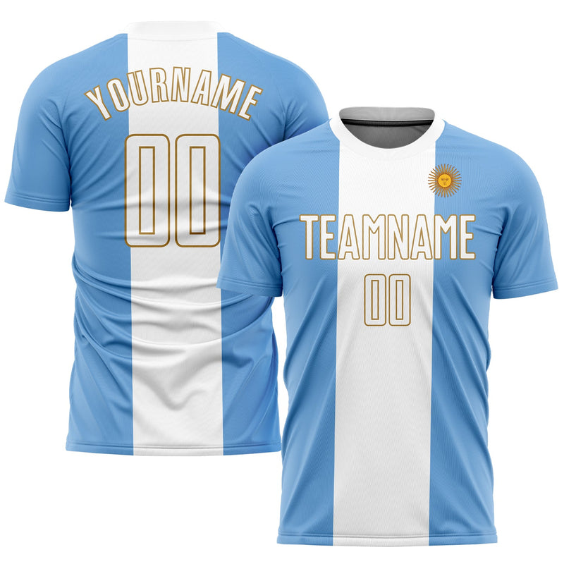 Custom Soccer Jersey, Light Blue White Old Gold Sportswear Jersey Shirt, Athletic Mesh Moisture Wicking Jersey, Casual Gift for Men