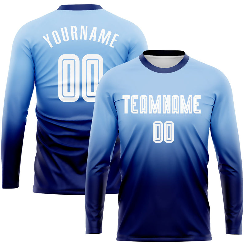 Custom Soccer Jersey, Light Blue White Navy Fashion Sportswear Jersey Shirt, Athletic Long Sleeve Mesh Jersey, Casual Gift for Men
