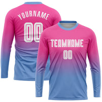 Custom Soccer Jersey, Pink White Light Blue Fashion Sportswear Jersey Shirt, Athletic Long Sleeve Mesh Jersey, Casual Gift for Men