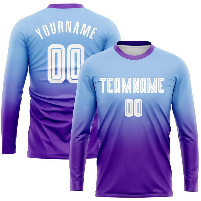 Custom Soccer Jersey, Light Blue White Purple Fashion Sportswear Jersey Shirt, Athletic Long Sleeve Mesh Jersey, Casual Gift for Men