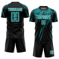 Custom Soccer Jersey, Black Aqua White Sportswear Jersey Shirt, Athletic Mesh Moisture Wicking Jersey, Casual Gift for Men