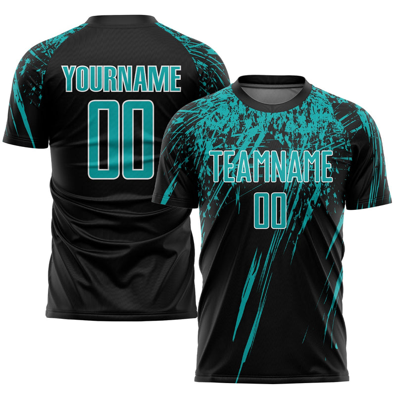 Custom Soccer Jersey, Black Aqua White Sportswear Jersey Shirt, Athletic Mesh Moisture Wicking Jersey, Casual Gift for Men