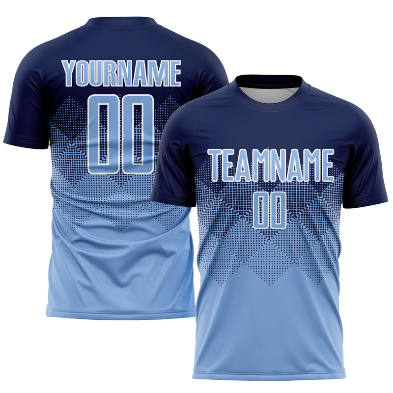Custom Soccer Jersey, Navy Light Blue White Sportswear Jersey Shirt, Athletic Mesh Moisture Wicking Jersey, Casual Gift for Men