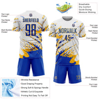 Custom Soccer Jersey, White Blue Gold Sportswear Jersey Shirt, Athletic Mesh Moisture Wicking Jersey, Casual Gift for Men