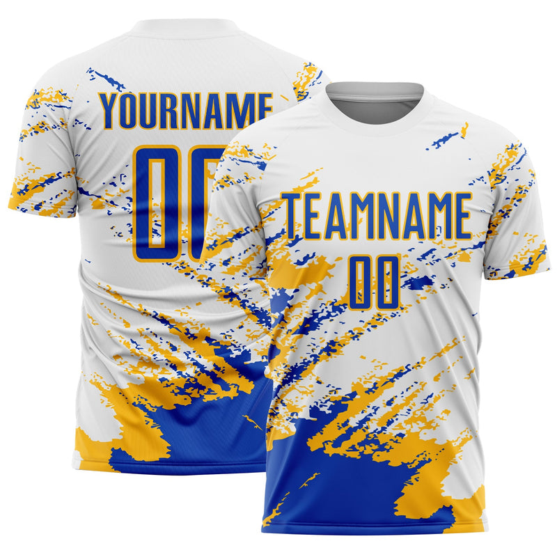 Custom Soccer Jersey, White Blue Gold Sportswear Jersey Shirt, Athletic Mesh Moisture Wicking Jersey, Casual Gift for Men