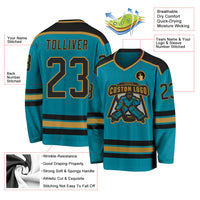Custom Hockey Jersey, Teal Black Old Gold Sportswear Jersey Shirt, Athletic Long Sleeve V Neck Jersey, Casual Gift for Men