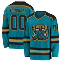 Custom Hockey Jersey, Teal Black Old Gold Sportswear Jersey Shirt, Athletic Long Sleeve V Neck Jersey, Casual Gift for Men
