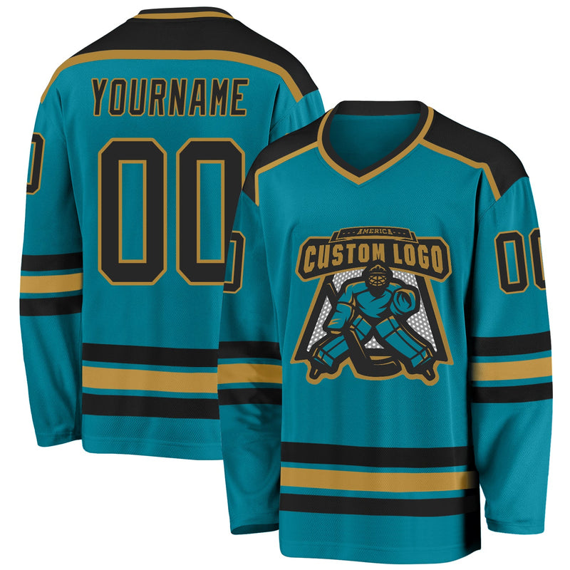 Custom Hockey Jersey, Teal Black Old Gold Sportswear Jersey Shirt, Athletic Long Sleeve V Neck Jersey, Casual Gift for Men