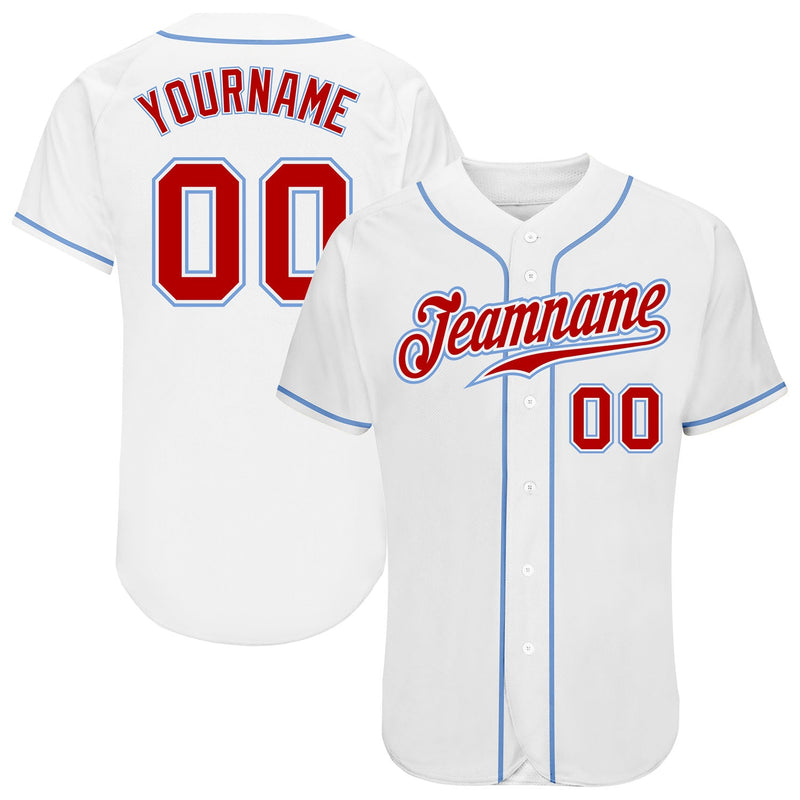 Custom Baseball Jersey, White Red Light Blue Sportswear Jersey Shirt, Athletic Button Down Moisture Wicking Jersey, Casual Gift for Men