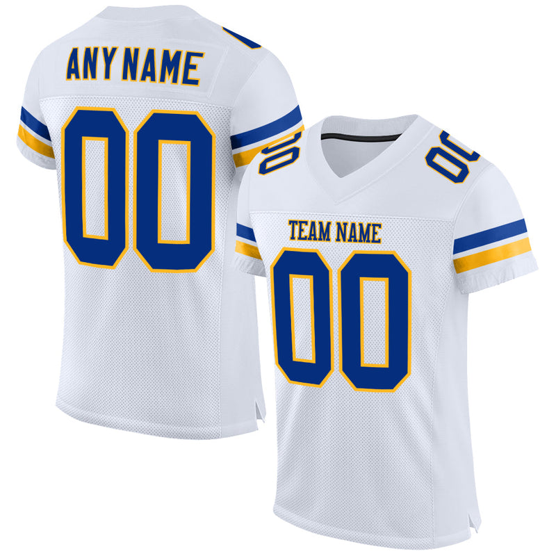 Custom Football Jersey, White Royal Gold Sportswear Jersey Shirt, Athletic Mesh Moisture Wicking Jersey, Casual Gift for Men