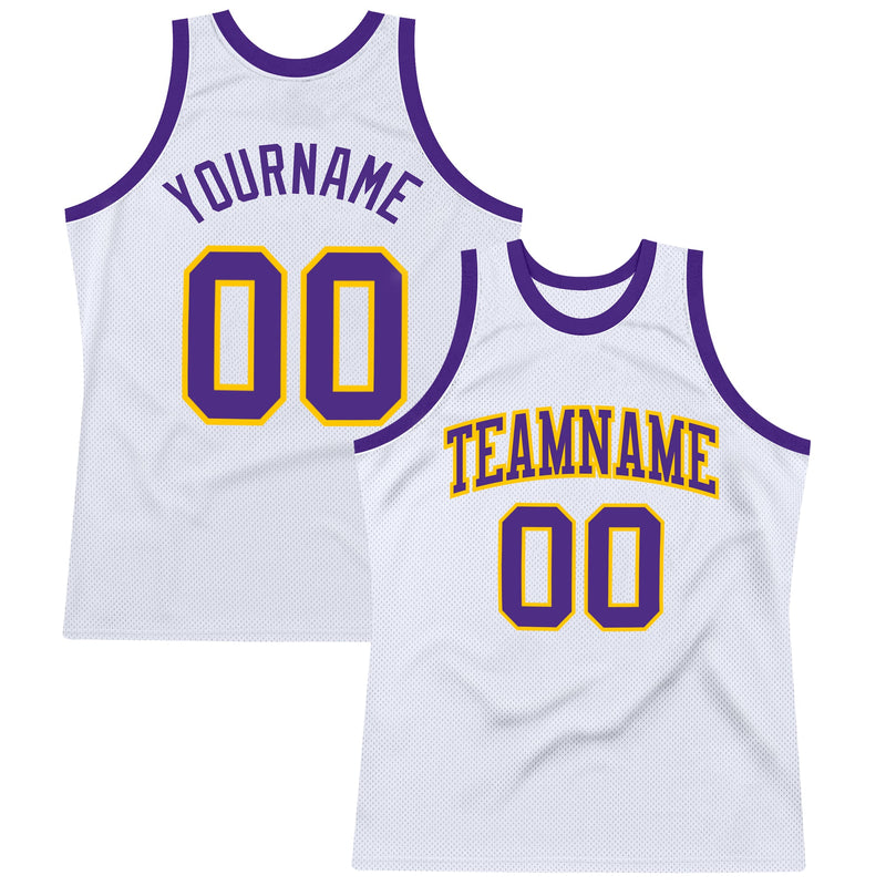 Custom Basketball Jersey, White Purple Gold Sportswear Jersey Shirt, Athletic Mesh Moisture Wicking Jersey, Casual Gift for Men, Style White0998