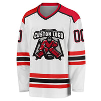 Custom Hockey Jersey, White Black Red Sportswear Jersey Shirt, Athletic Long Sleeve V Neck Jersey, Casual Gift for Men, Style White1044