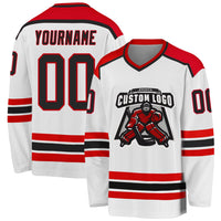 Custom Hockey Jersey, White Black Red Sportswear Jersey Shirt, Athletic Long Sleeve V Neck Jersey, Casual Gift for Men, Style White1044