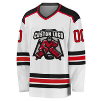 Custom Hockey Jersey, White Red Black Sportswear Jersey Shirt, Athletic Long Sleeve V Neck Jersey, Casual Gift for Men, Style White1045