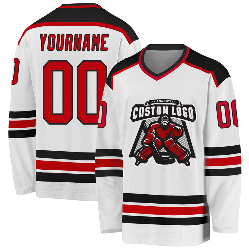 Custom Hockey Jersey, White Red Black Sportswear Jersey Shirt, Athletic Long Sleeve V Neck Jersey, Casual Gift for Men, Style White1045