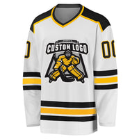 Custom Hockey Jersey, White Black Gold Sportswear Jersey Shirt, Athletic Long Sleeve V Neck Jersey, Casual Gift for Men, Style White1049