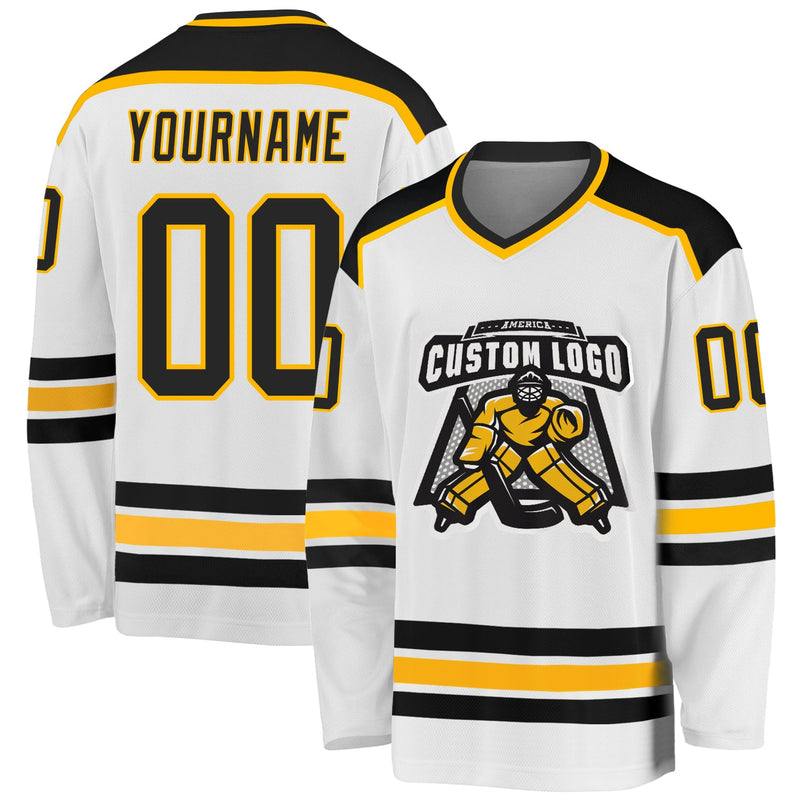 Custom Hockey Jersey, White Black Gold Sportswear Jersey Shirt, Athletic Long Sleeve V Neck Jersey, Casual Gift for Men, Style White1049