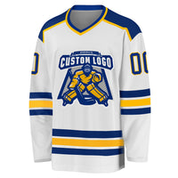 Custom Hockey Jersey, White Royal Gold Sportswear Jersey Shirt, Athletic Long Sleeve V Neck Jersey, Casual Gift for Men, Style White1051
