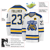 Custom Hockey Jersey, White Royal Gold Sportswear Jersey Shirt, Athletic Long Sleeve V Neck Jersey, Casual Gift for Men, Style White1051