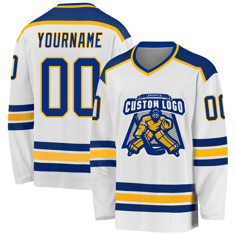 Custom Hockey Jersey, White Royal Gold Sportswear Jersey Shirt, Athletic Long Sleeve V Neck Jersey, Casual Gift for Men, Style White1051