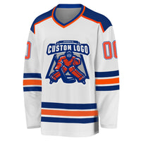 Custom Hockey Jersey, White Orange Royal Sportswear Jersey Shirt, Athletic Long Sleeve V Neck Jersey, Casual Gift for Men