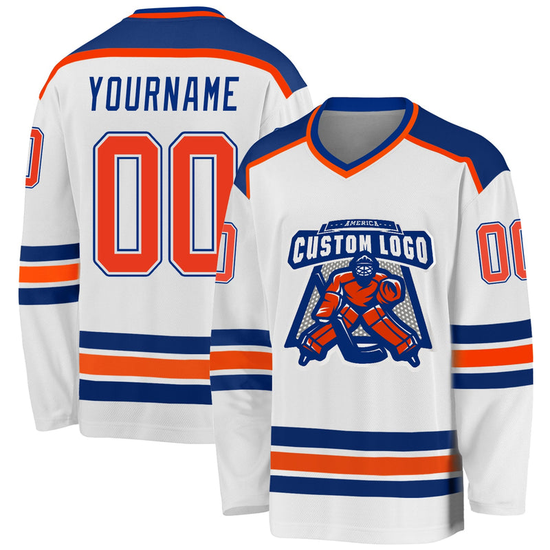 Custom Hockey Jersey, White Orange Royal Sportswear Jersey Shirt, Athletic Long Sleeve V Neck Jersey, Casual Gift for Men