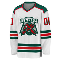 Custom Hockey Jersey, White Red Green Sportswear Jersey Shirt, Athletic Long Sleeve V Neck Jersey, Casual Gift for Men