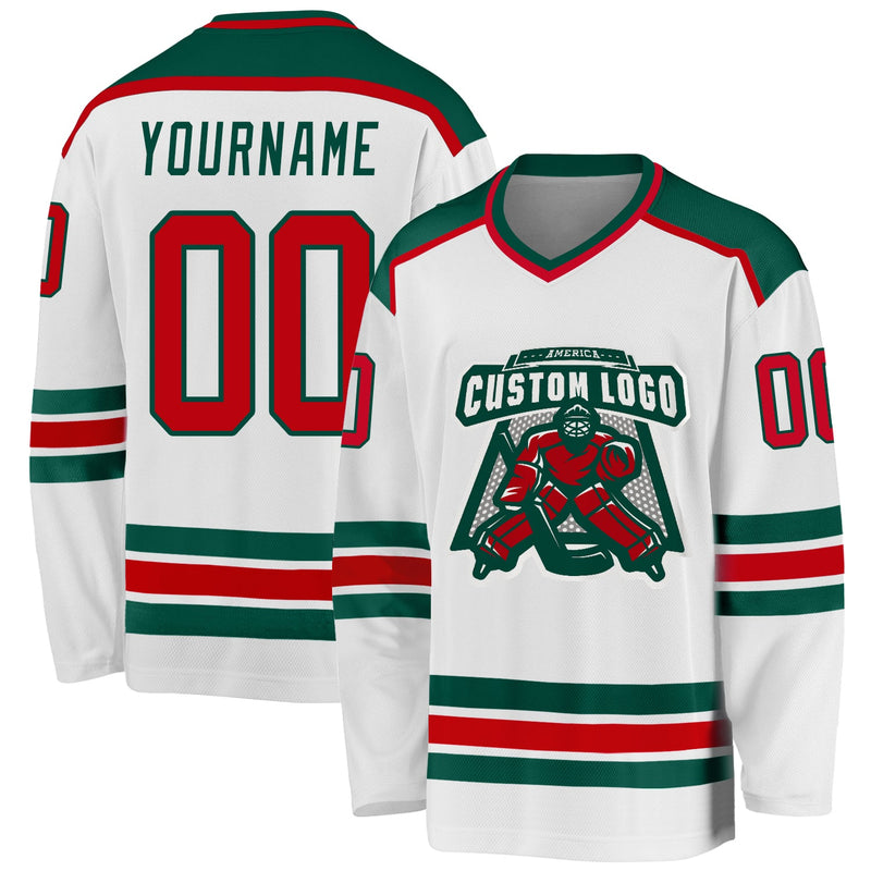 Custom Hockey Jersey, White Red Green Sportswear Jersey Shirt, Athletic Long Sleeve V Neck Jersey, Casual Gift for Men