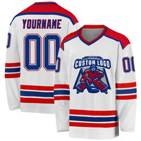 Custom Hockey Jersey, White Royal Red Sportswear Jersey Shirt, Athletic Long Sleeve V Neck Jersey, Casual Gift for Men, Style White1059