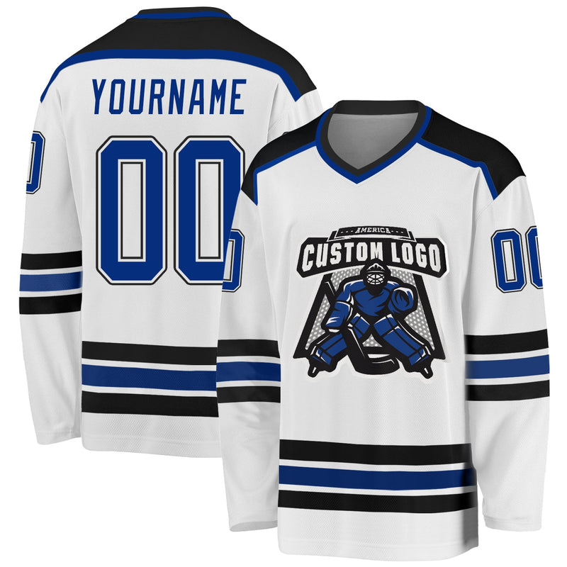 Custom Hockey Jersey, White Royal Black Sportswear Jersey Shirt, Athletic Long Sleeve V Neck Jersey, Casual Gift for Men