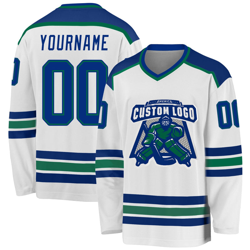 Custom Hockey Jersey, White Royal Kelly Sportswear Jersey Shirt, Athletic Long Sleeve V Neck Jersey, Casual Gift for Men, Style White1062