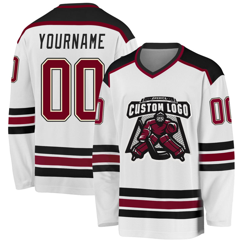 Custom Hockey Jersey, White Maroon Cream Sportswear Jersey Shirt, Athletic Long Sleeve V Neck Jersey, Casual Gift for Men