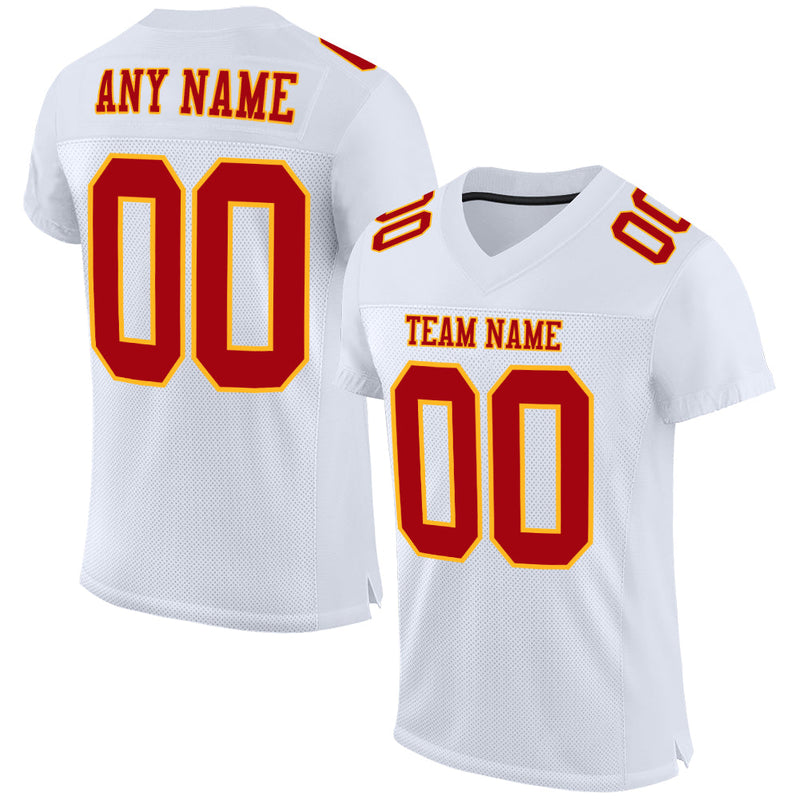 Custom Football Jersey, White Red Gold Sportswear Jersey Shirt, Athletic Mesh Moisture Wicking Jersey, Casual Gift for Men