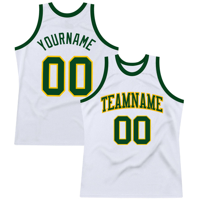 Custom Basketball Jersey, White Green Gold Sportswear Jersey Shirt, Athletic Mesh Moisture Wicking Jersey, Casual Gift for Men, Style White1135