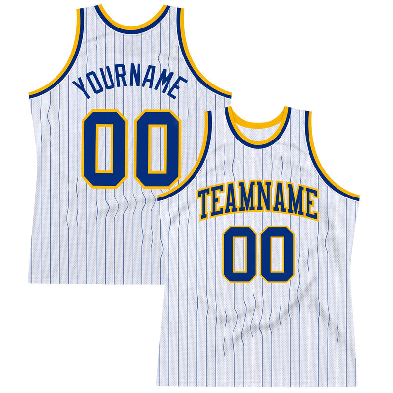 Custom Basketball Jersey, White Royal Gold Pinstripe Sportswear Jersey Shirt, Athletic Mesh Moisture Wicking Jersey, Casual Gift for Men