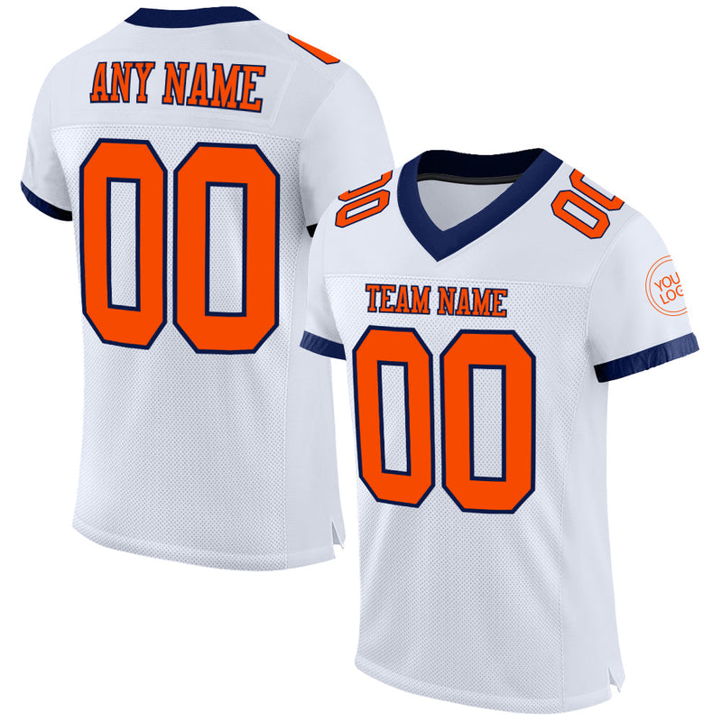 Custom Football Jersey, White Orange Navy Sportswear Jersey Shirt, Athletic Mesh Moisture Wicking Jersey, Casual Gift for Men