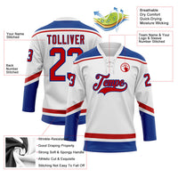 Custom Hockey Jersey, White Red Royal Sportswear Jersey Shirt, Athletic Long Sleeve V Neck Jersey, Casual Gift for Men