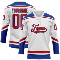 Custom Hockey Jersey, White Red Royal Sportswear Jersey Shirt, Athletic Long Sleeve V Neck Jersey, Casual Gift for Men