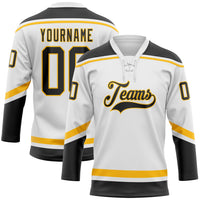 Custom Hockey Jersey, White Black Gold Sportswear Jersey Shirt, Athletic Long Sleeve V Neck Jersey, Casual Gift for Men, Style White1492