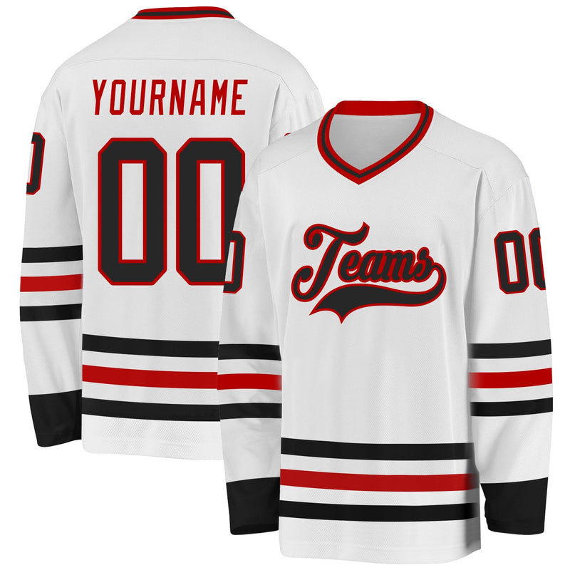 Custom Hockey Jersey, White Black Red Sportswear Jersey Shirt, Athletic Long Sleeve V Neck Jersey, Casual Gift for Men, Style White2059