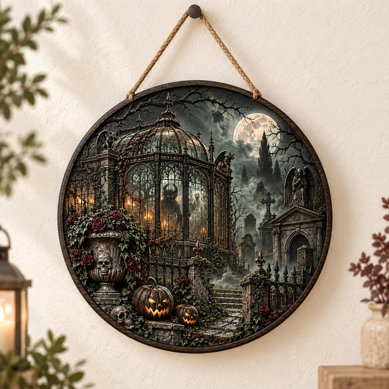 Moonlit Conservatory - Gothic Cemetery Round Wood Sign