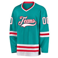 Custom Hockey Jersey, Aqua White Red Sportswear Jersey Shirt, Athletic Long Sleeve V Neck Jersey, Casual Gift for Men