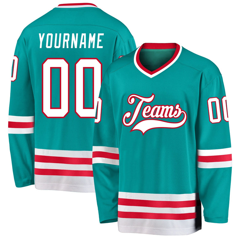 Custom Hockey Jersey, Aqua White Red Sportswear Jersey Shirt, Athletic Long Sleeve V Neck Jersey, Casual Gift for Men