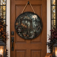 Moonlit Conservatory - Gothic Cemetery Round Wood Sign