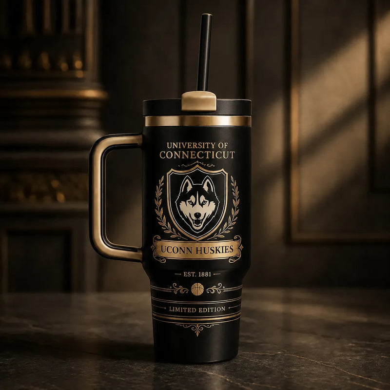 UCONN Crest - Gold Heraldry on a Black Tumbler